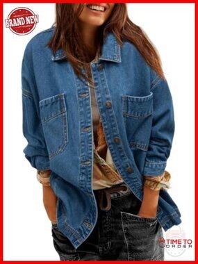 Oversized Denim Jacket with Split Hem Button Down Long Sleeve Boyfriend Style
